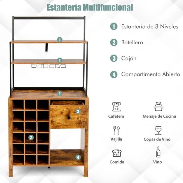 Armário de jantar de cozinha com Garrafeira para vinhos de 4 níveis Prateleira para forno micro-ondas 74 x 40 x 160 cm Castanho