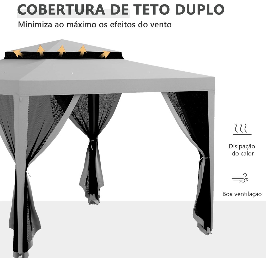 Pérgola de Jardim 297x297x268 cm Pérgola com 4 Redes Mosquiteiras Laterais e 8 Orifícios de Drenagem  Cinza