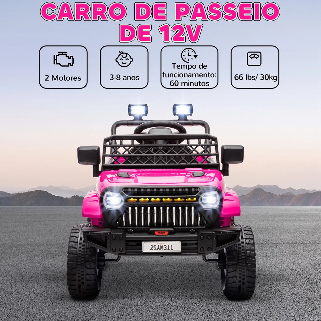 Carro Elétrico para Crianças Carro Elétrico Infantil UTV 12V com Velocidade Ajustável USB e Faróis 95x62,5x65 cm Rosa