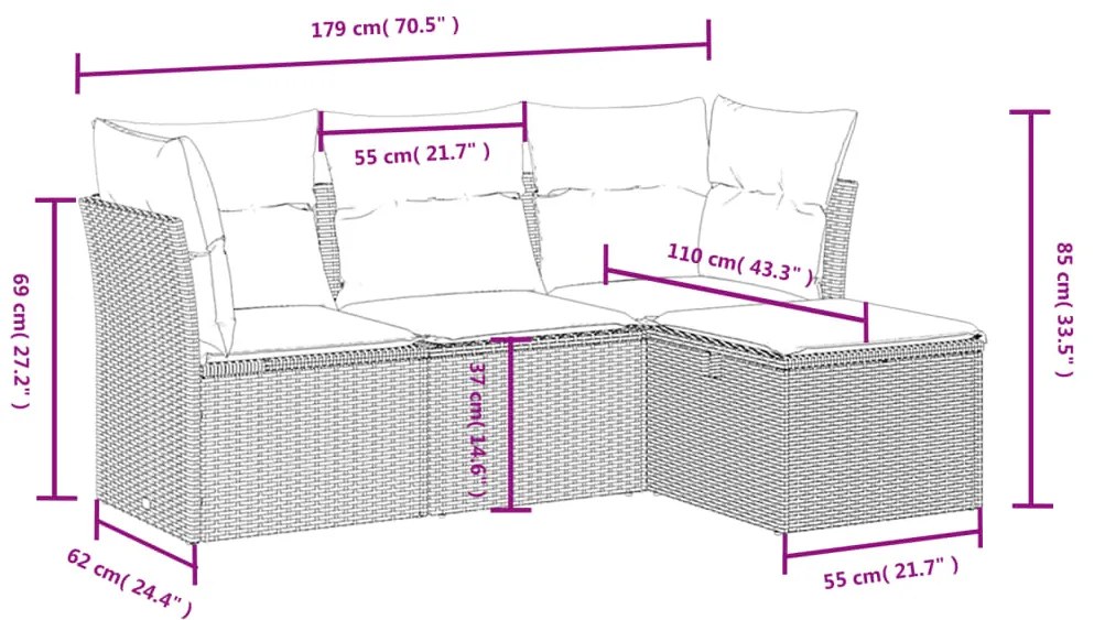 4 pcs conjunto de sofás para jardim c/ almofadões vime PE preto