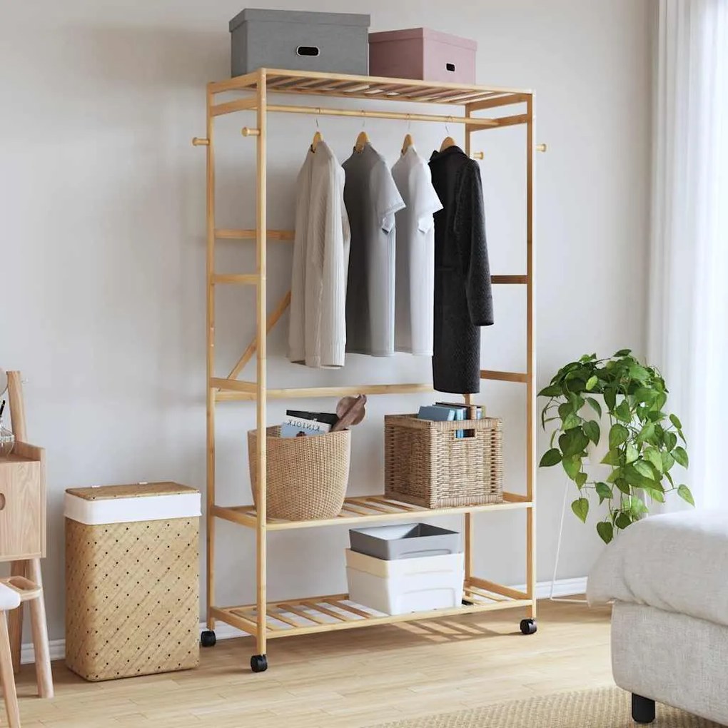 Cabide com prateleiras e rodas 110x40x180 cm bambu