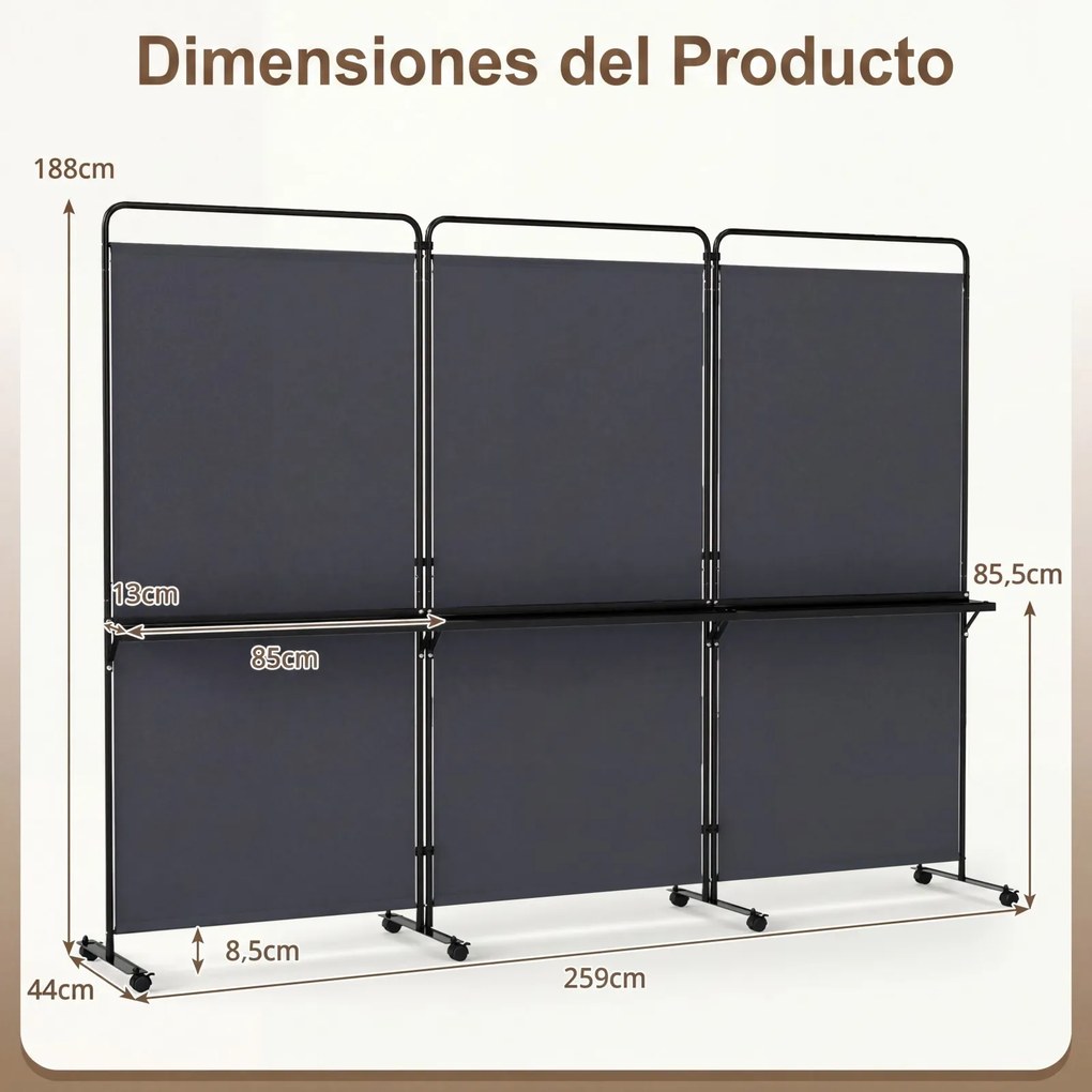 Biombo Divisório Dobrável de 3 Painéis, 259 x 44 x 188 cm, 8 Rodas Bloqueáveis, Cinzento