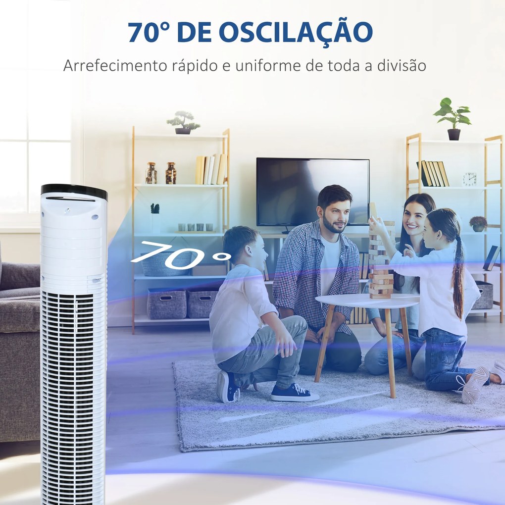 Ventoinha de Coluna 50W com Controlo Remoto 3 Velocidades Ecrã LCD Temporizador 7,5h e Oscilante 70° Ø20x78,5 cm Branco