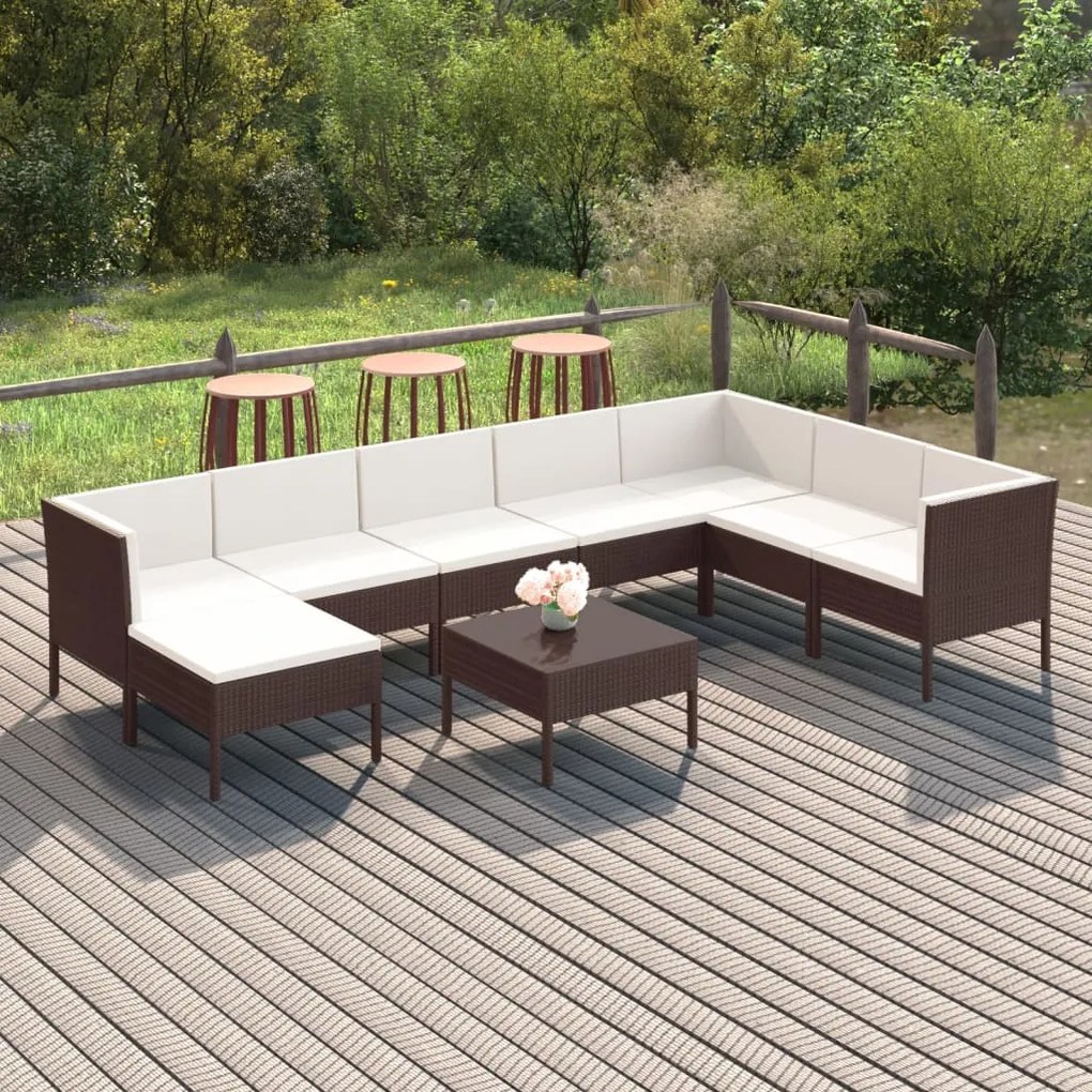 vidaXL 9 pcs conjunto lounge jardim c/ almofadões vime PE castanho