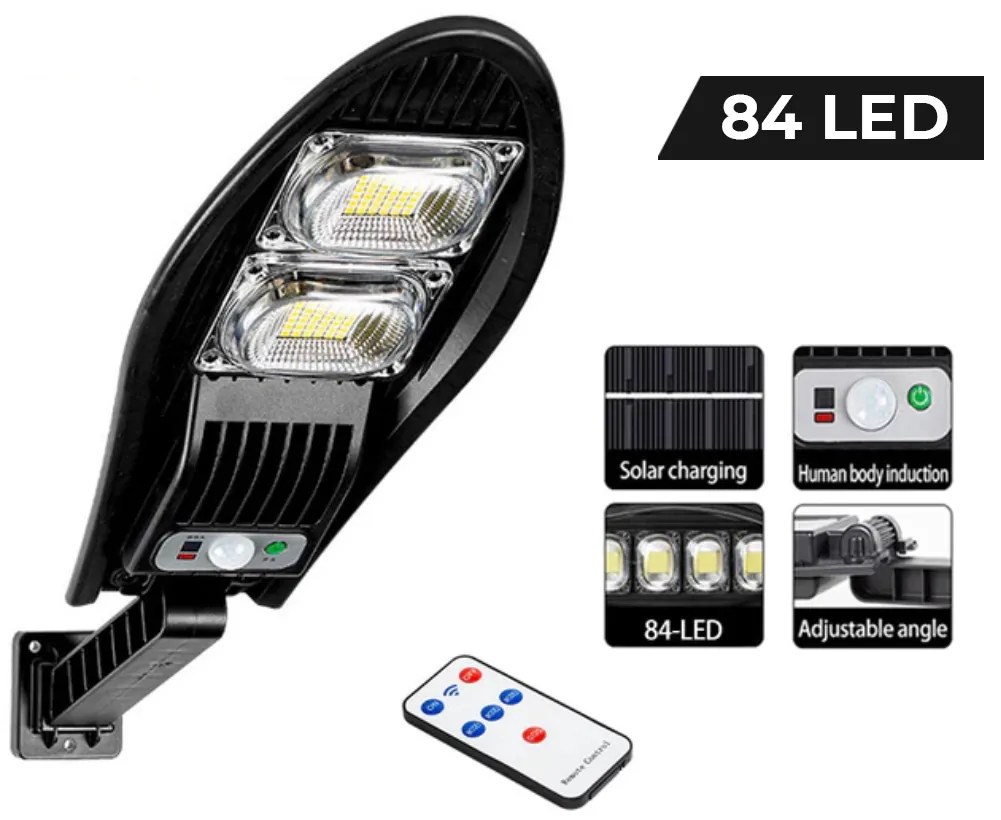 FOCO SOLAR LED 84 Leds EXTERIOR + SENSOR MOVIMENTO + CONTROLO REMOTO