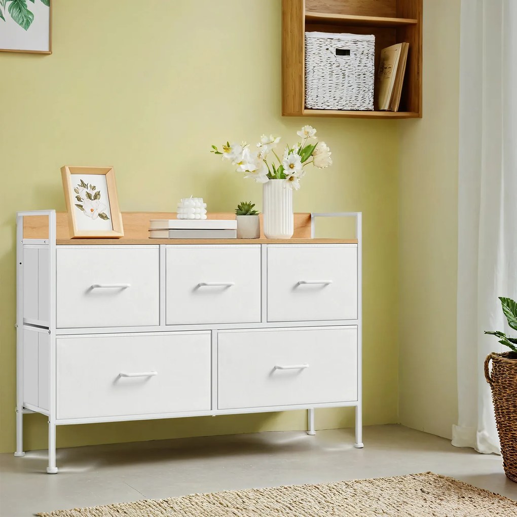 Cómoda armário 5 gavetas em tecido com puxadores 29 x 98,2 x 70 cm branco-carvalho bege