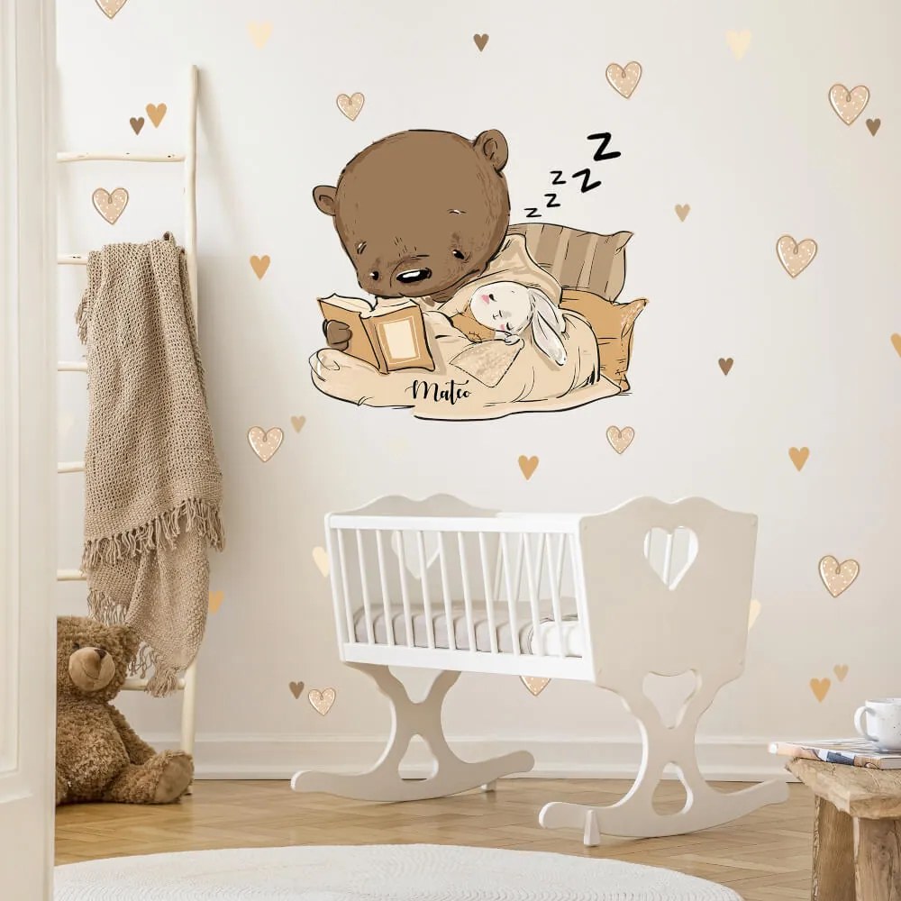 Autocolante de parede - Urso de peluche Boho com coelhinho a dormir e corações