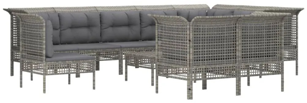 11 pcs conjunto lounge de jardim c/ almofadões vime PE cinzento