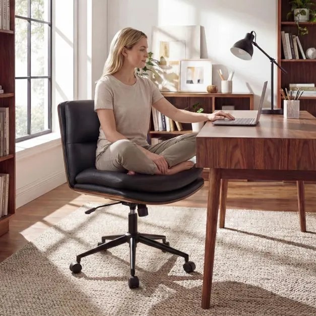 Cadeira de escritório ergonómica, sem braços, com altura ajustável de 85 a 93 cm, encosto reclinável e assento almofadado, preta