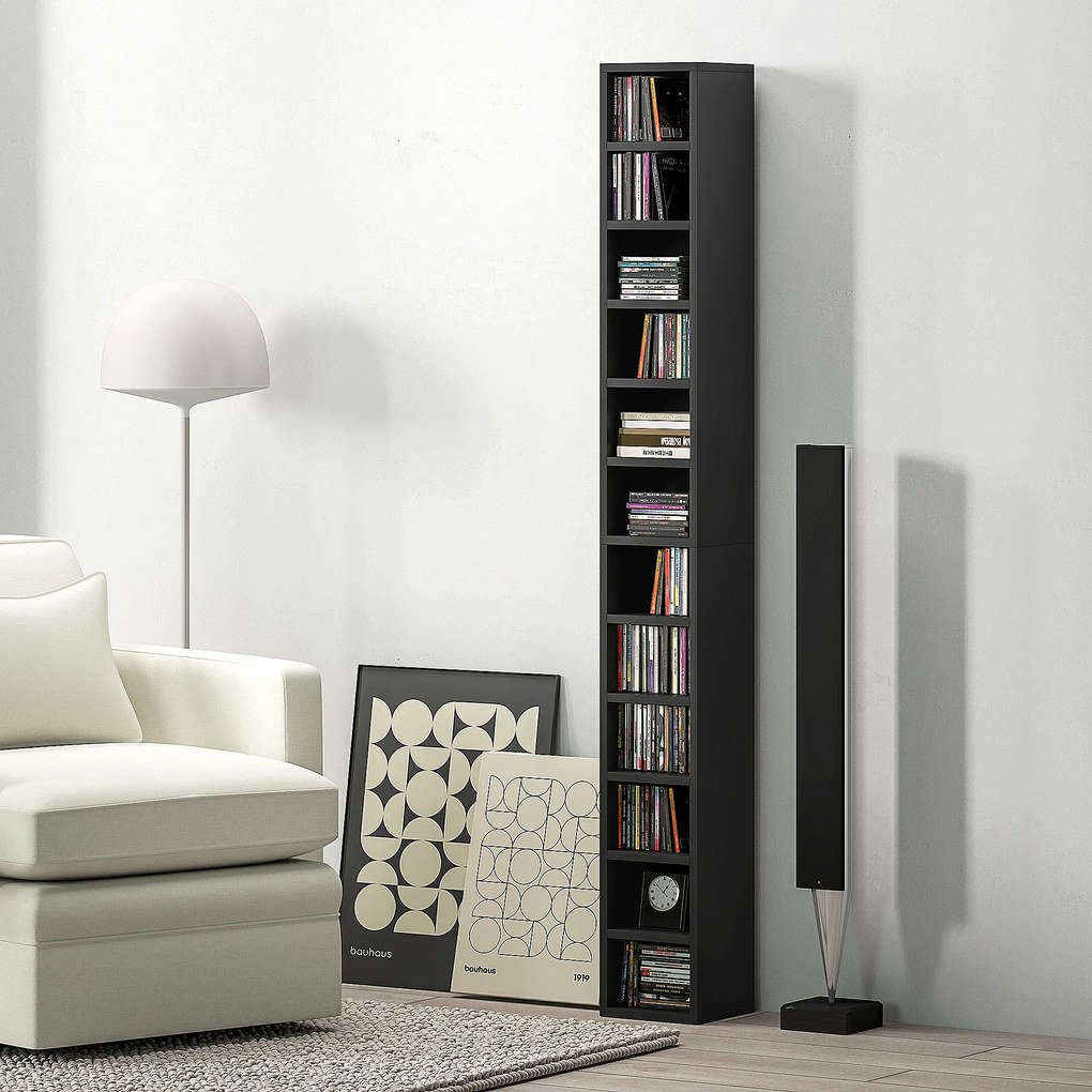 Organizador para CD e DVD com 12 compartimentos, capacidade máxima de 204 CD, 21 x 20 x 175 cm, preto