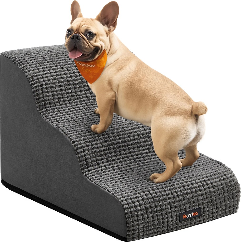 Escada animais estimação 57 x 40 x 40 cm em espuma resistente à água e antiderrapante com três degraus, cinzento ardósia