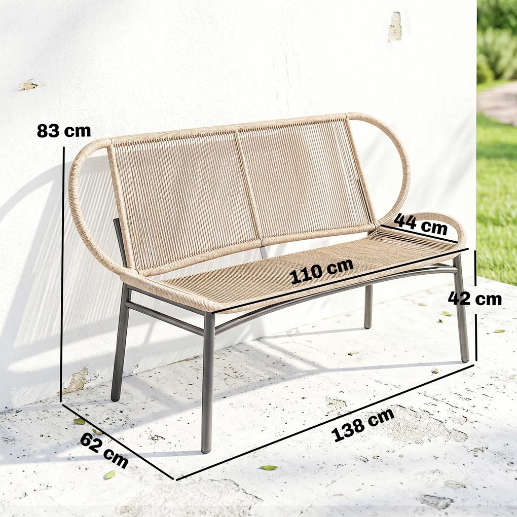 Banco de jardim de 2 lugares, 138C x 62L x 83A cm em resina trançada com estrutura metálica, resistente às intempéries, cor natural