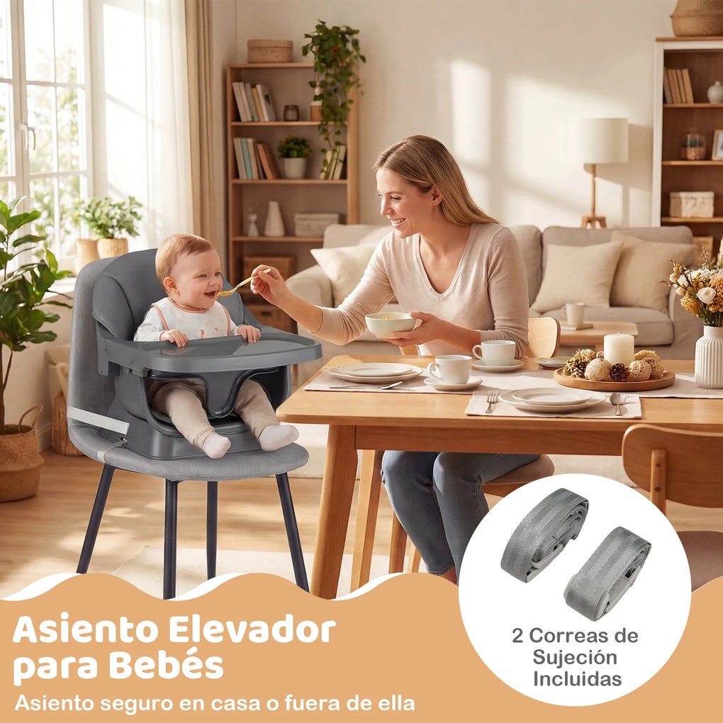 Cadeira de refeição evolutiva 9 em 1 com tabuleiro removível e lavável na máquina de lavar louça, pernas em madeira maciça, cinto de 5 pontos e almofa