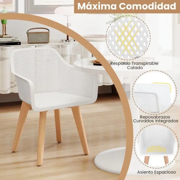 Conjunto de 2 cadeiras de jantar modernas (MESA NÃO INCLUIDA) em plástico com pernas de madeira e encosto perfurado respirável para sala de jantar Bra