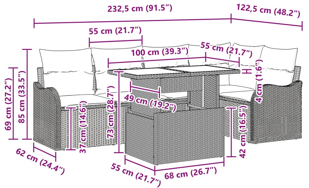 Conjunto de Sofá de 6 Peças para Jardim com Almofadas Preto Vime Poly