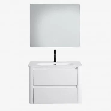 Conjunto De Móvel De Casa De Banho Suspenso 80x50 Cm Em Madeira Com Lavatório Integrado Egerton Branco & Led Retangular E Anti-embaciamento - Sklum