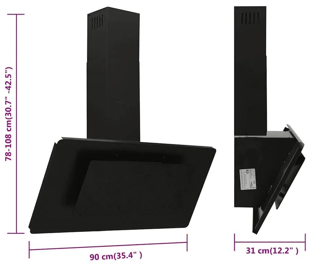 Exaustor de parede 90 cm aço inoxidável e vidro temperado preto