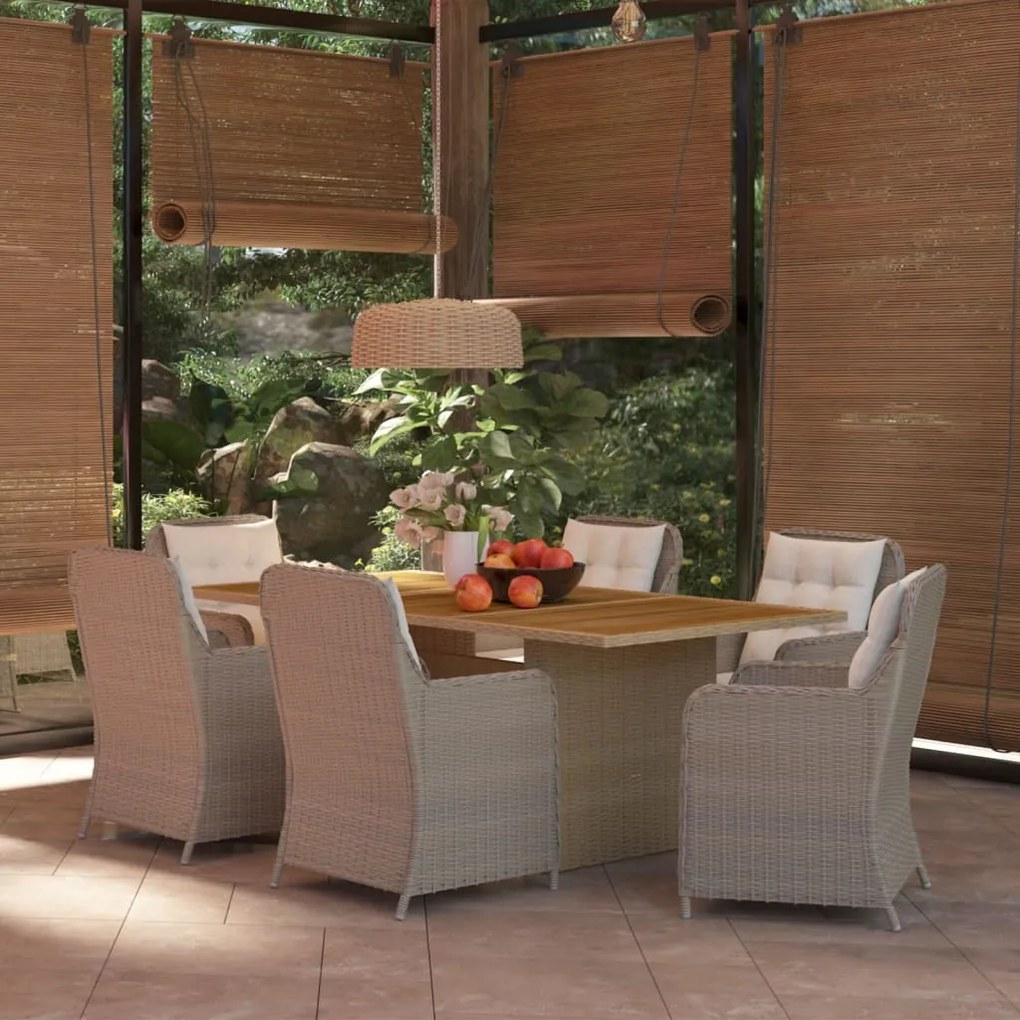 vidaXL 7 pcs conjunto de jantar para jardim vime PE castanho