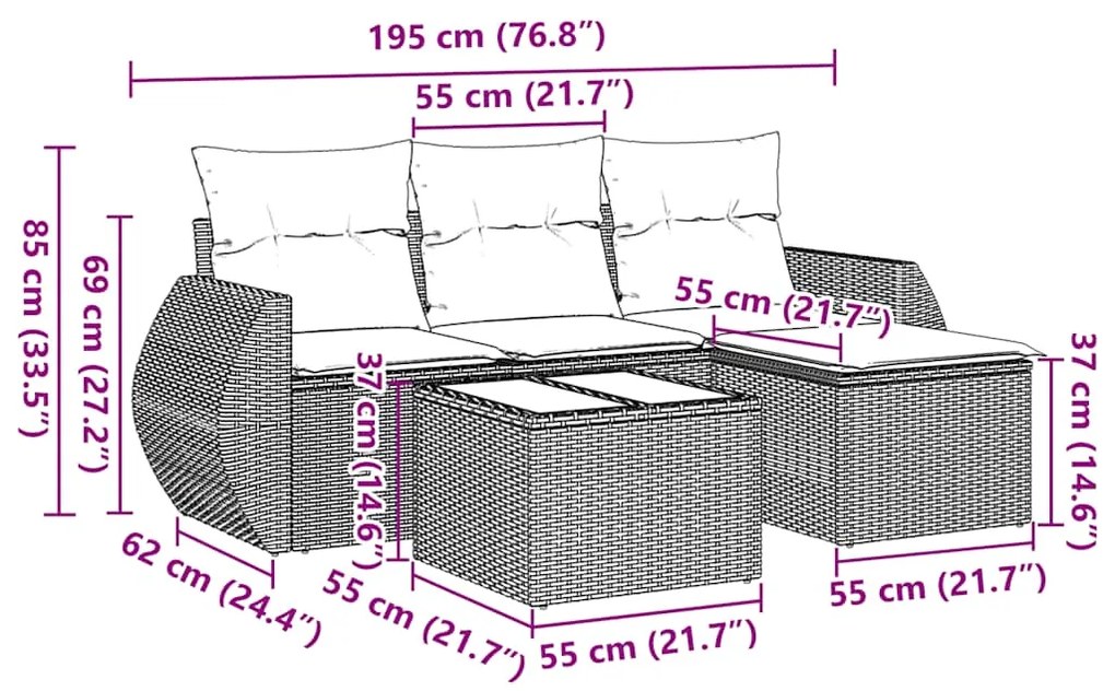 5 pcs conjunto sofás de jardim com almofadões vime PE preto