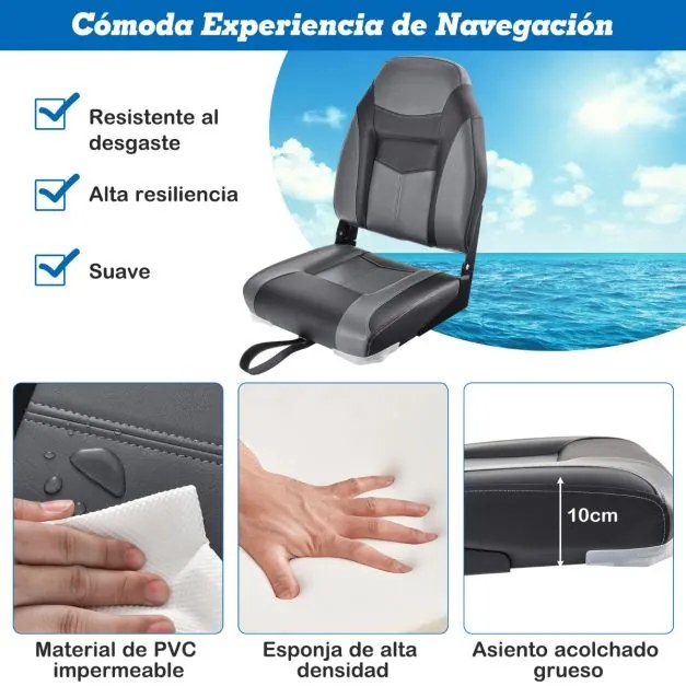 Banco de barco rebatível com encosto alto Almofada almofadada macia Assento de capitão moldado universal 44,5 x 51 x 61 cm Preto