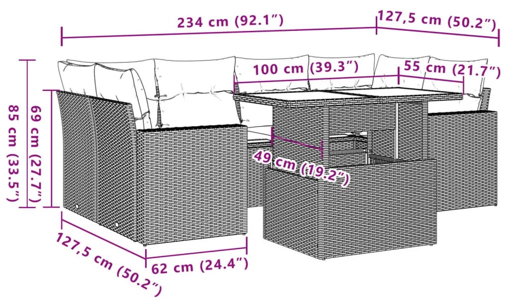 7 pcs conjunto sofás p/ jardim c/ almofadões vime PE cinzento