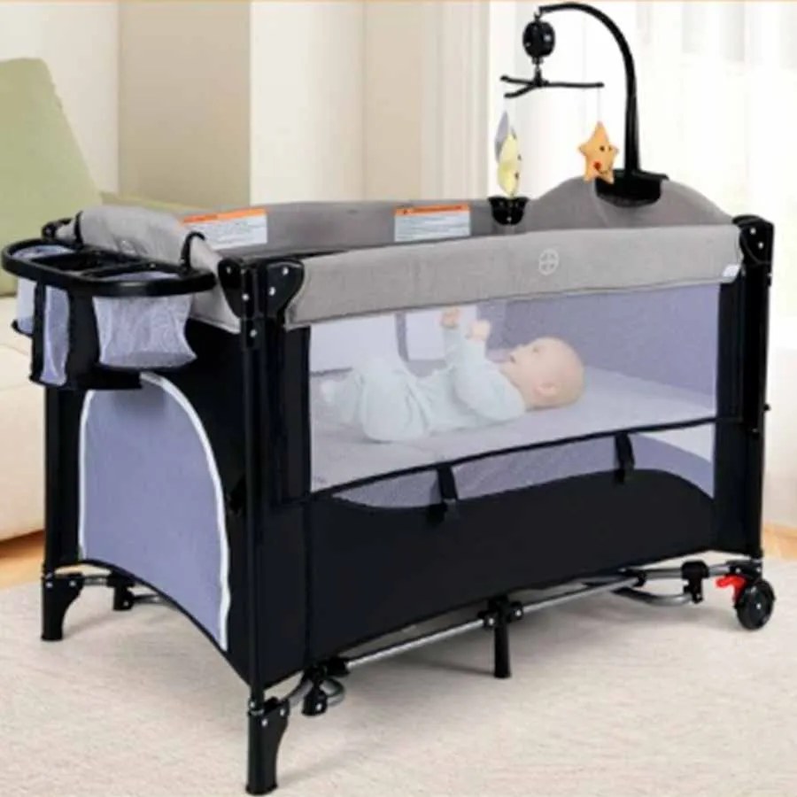 Berço 6 em 1 com mesa para trocar fraldas, colchão e bolsa de transporte para bebés desde o nascimento até 15 kg 110 x 76 x 76 cm Bordas cinza claro