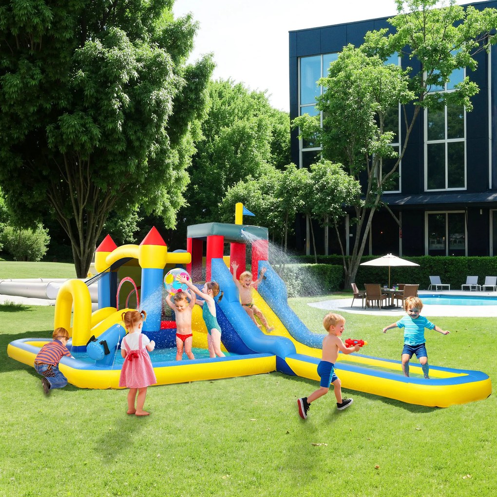 Castelo insuflável com soprador 620C x 320L x 220A cm, parque aquático, escorregas, trampolim, parede de escalada, canhão e cesto de basquetebol multi