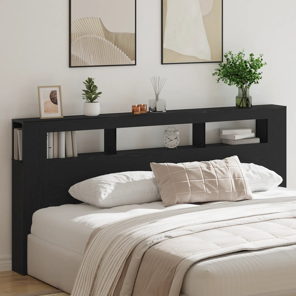 Cabeceira de Armazenamento vidaXL com Luzes LED Madeira Preta 220x18,5x103,5 cm