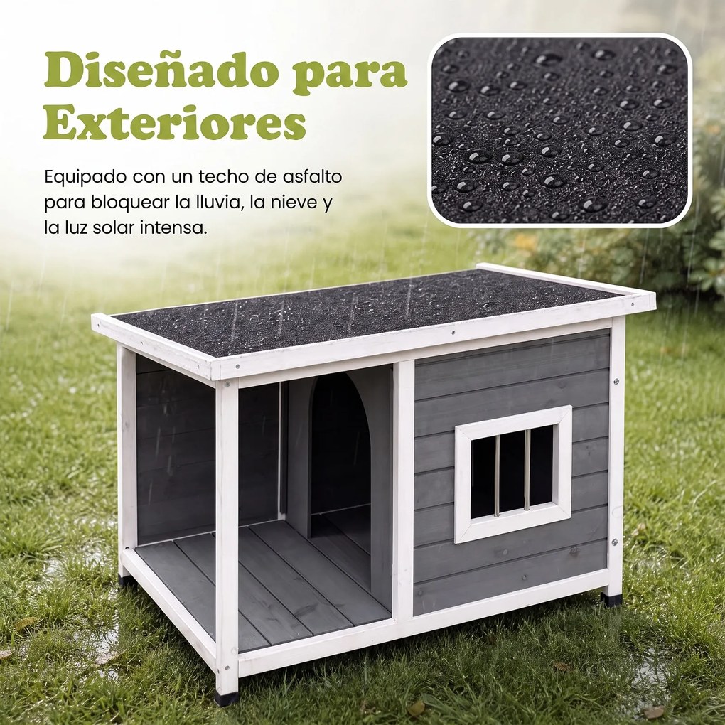 Casa para Cão com Terraço, 86 x 63 x 60 cm, Teto Impermeável de Asfalto, Cinzento