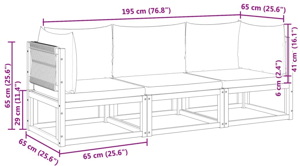 3 pcs conjunto de sofás de jardim com almofadões acácia maciça
