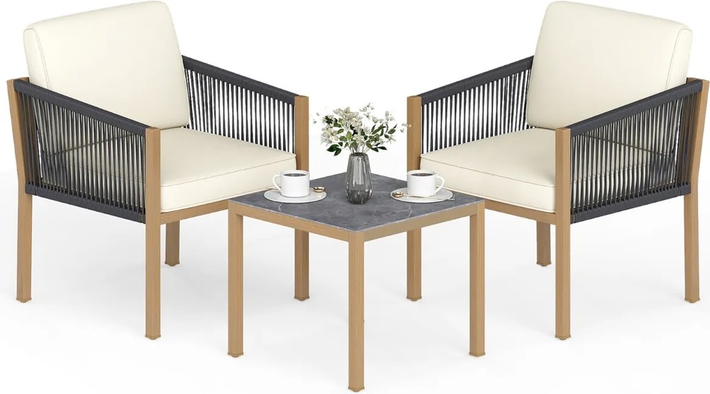 Conjunto Jardim de 3 peças de mobiliário de exterior em corda trançada com almofadas, para terraço, jardim ou varanda Castanho, preto e bege