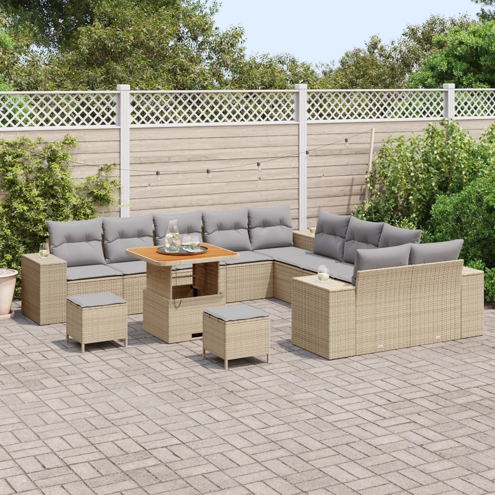 Conjunto de Sofá Jardim vidaXL de 13 Peças com Almofadas Bege Rattan S