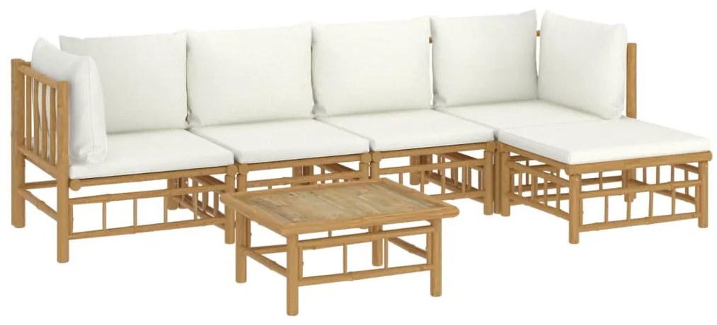 6 pcs conjunto lounge de jardim bambu c/ almofadões branco nata