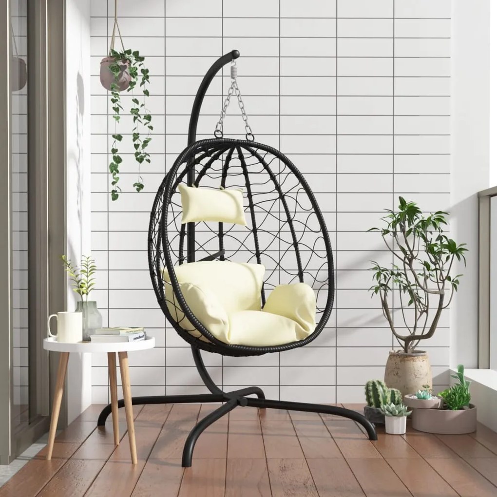 Cadeira forma ovo suspensa vime PE/aço c/ almofadão branco nata
