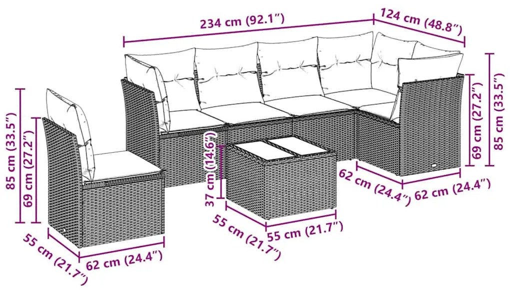 7 pcs conj. sofás jardim com almofadões vime PE cinzento-claro