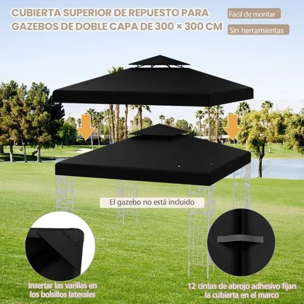 Toldo de substituição para tenda (NÃO INCLUIDA) de 2 andares de 300 x 300 cm com fivelas de alumínio, ganchos e fechos Preta