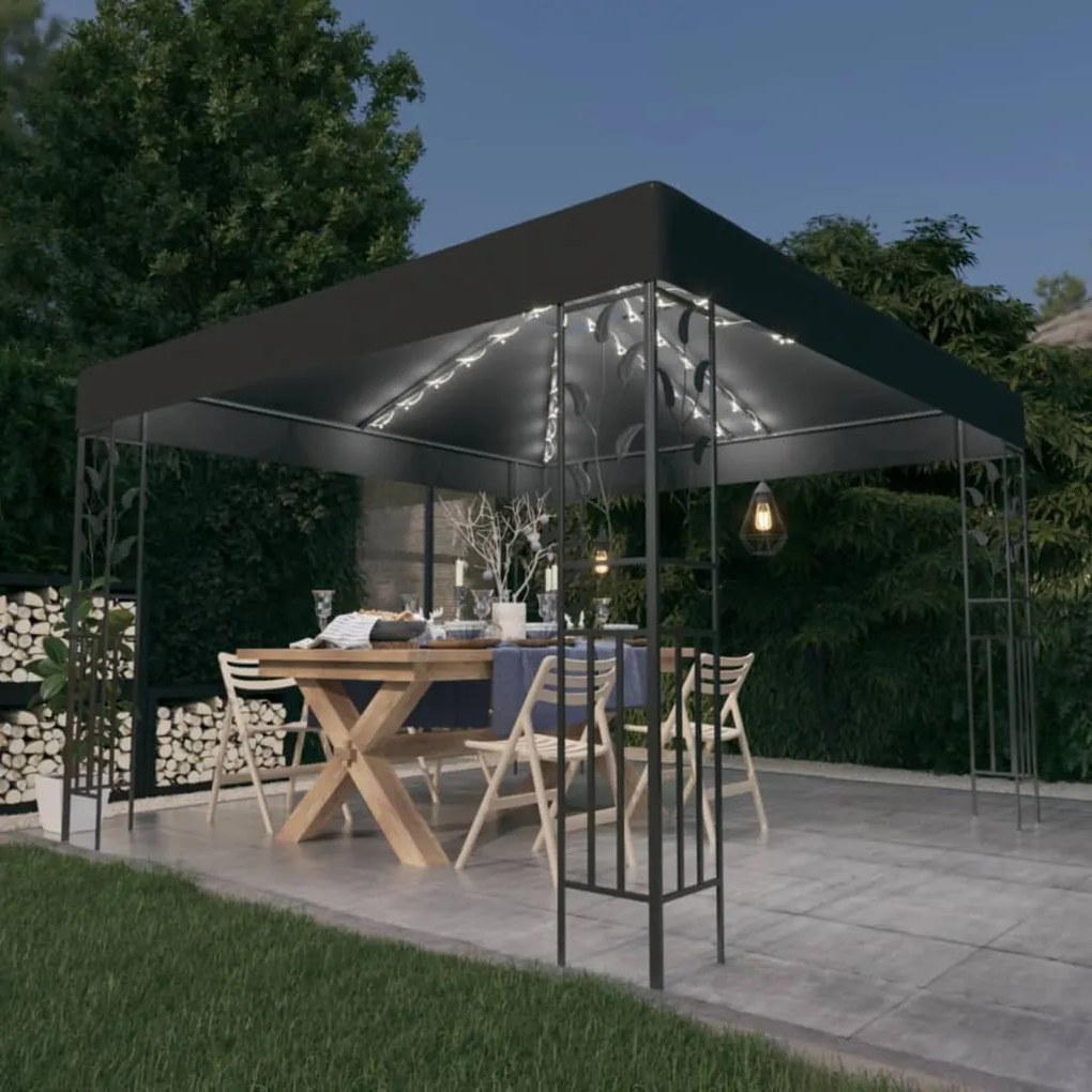 Gazebo com cordões de luzes LED 3x3 m antracite