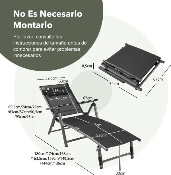 Conjunto de 2 Espreguiçadeiras de Exterior Reclináveis, 140,5 x 65 x 94 cm, 8 Posições Ajustáveis, Cinzento