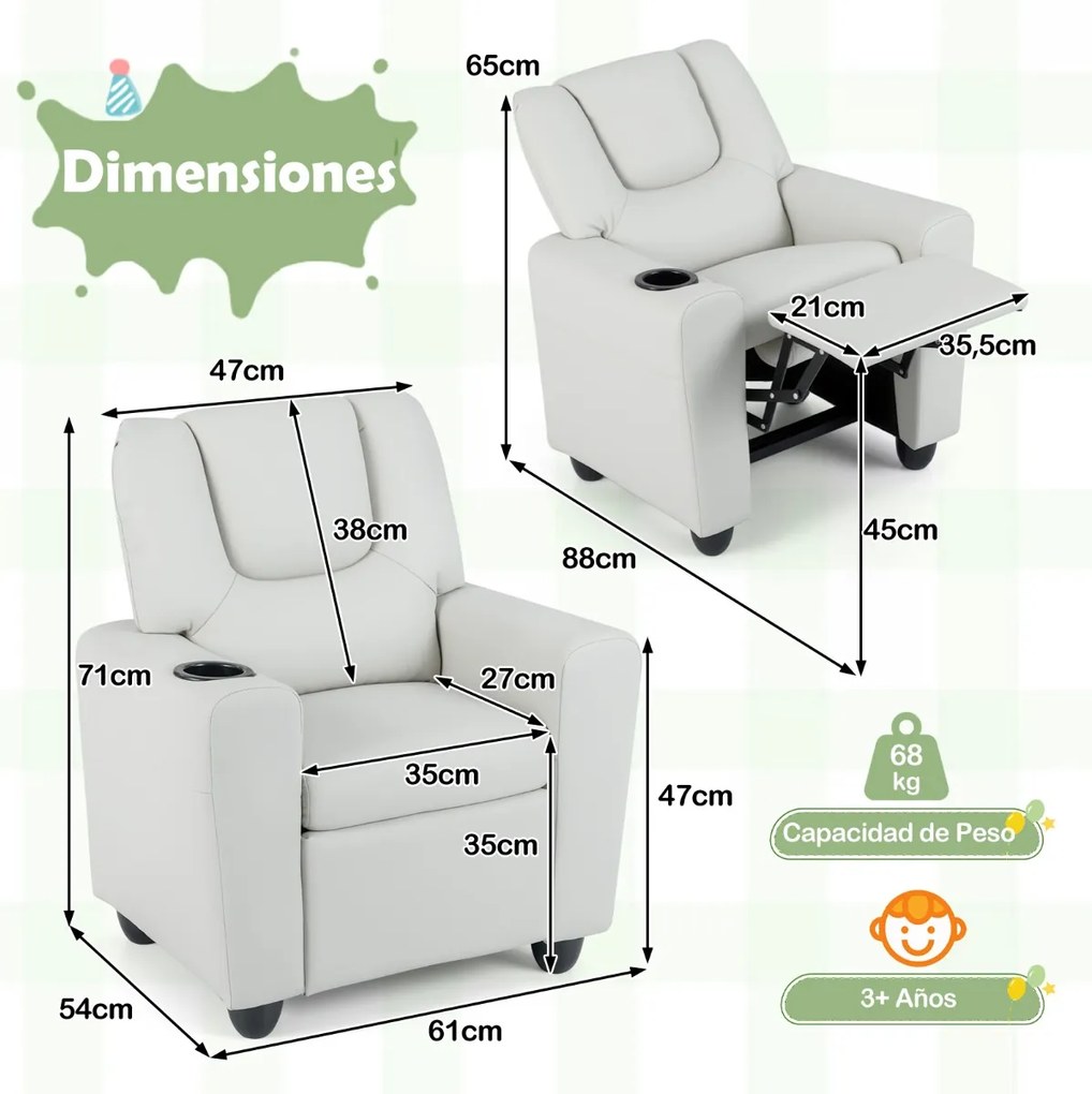 Poltrona reclinável para crianças em veludo, com porta-copos e apoio para os pés ajustável, para sala de estar ou área de jogos, a partir dos 3 anos,