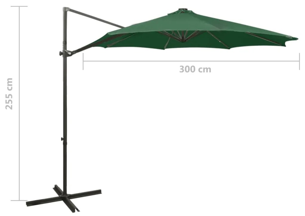 Guarda-sol jardim cantilever c/ poste e luzes LED 300 cm verde