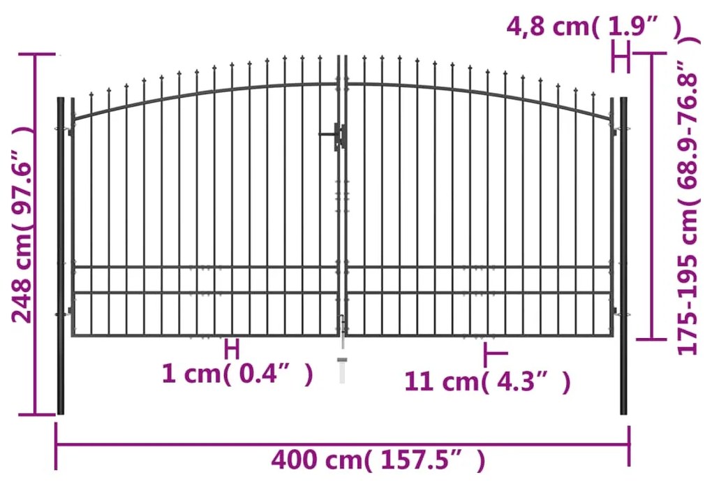 Portão de cerca com porta dupla e topo em lanças 400x248 cm