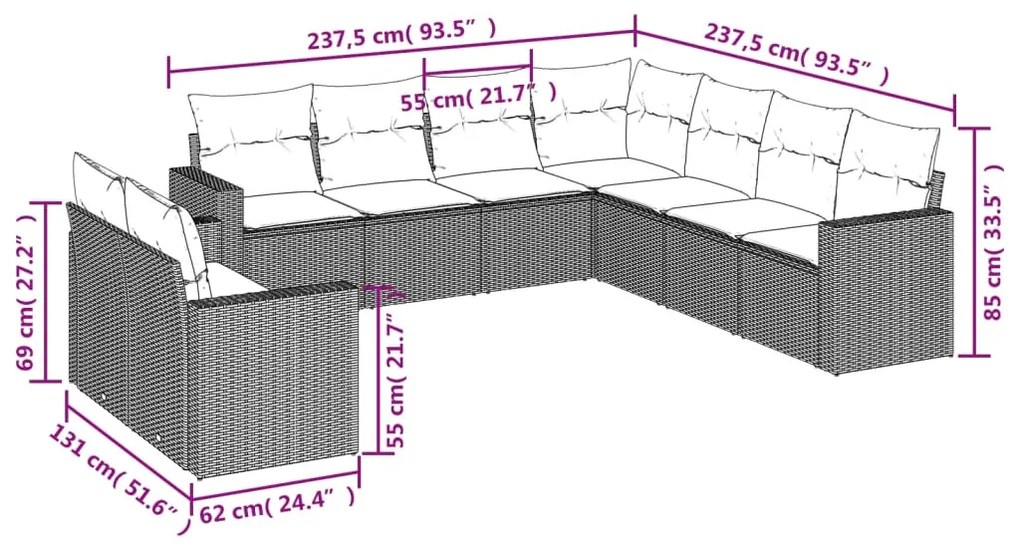 9 pcs conjunto de sofás p/ jardim c/ almofadões vime PE preto