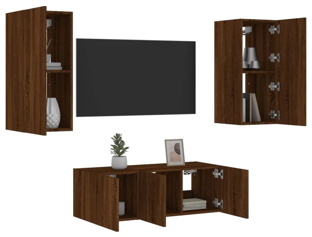 vidaXL 4 pcs móveis parede TV c/ LEDs deriv. madeira carvalho castanho