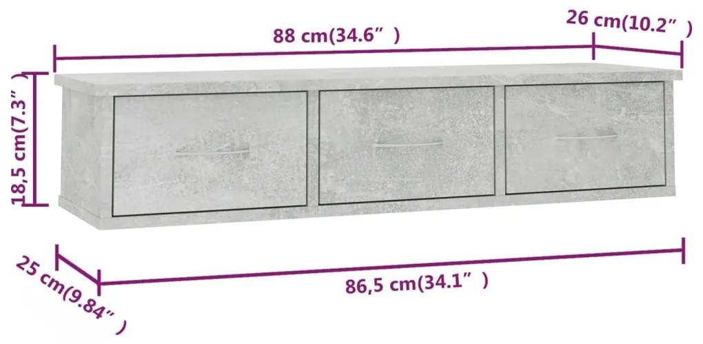 Prateleira gavetas p/ parede 88x26x18,5 cm contraplacado cinza