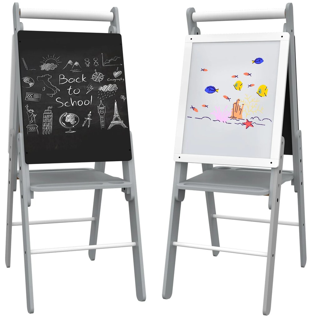 AIYAPLAY Cavalete para Crianças com Quadro Branco e Quadro preto com Altura Ajustável Cavalete de Arte 40x56x107/112/117 cm Cinza | Aosom Portugal