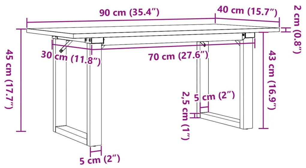 Mesa de centro estrutura em O 90x40x45 cm pinho e aço