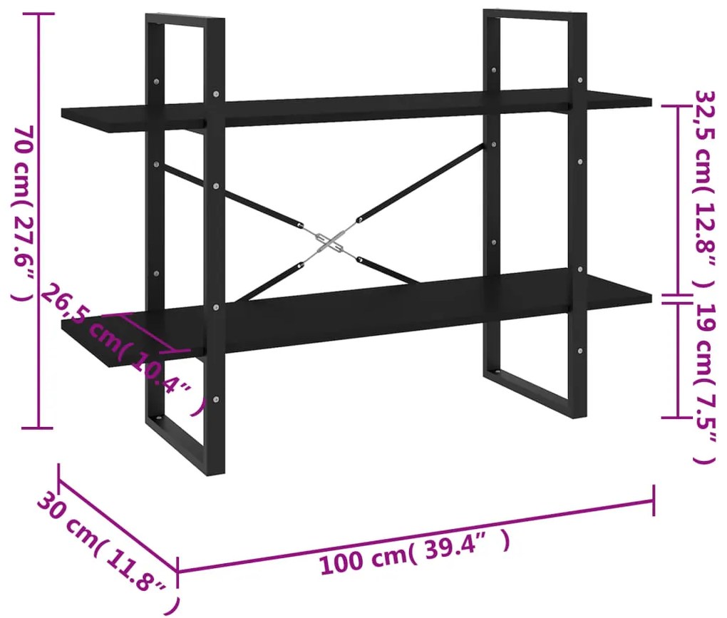 Estante com 2 prateleiras 100x30x70 cm derivados madeira preto