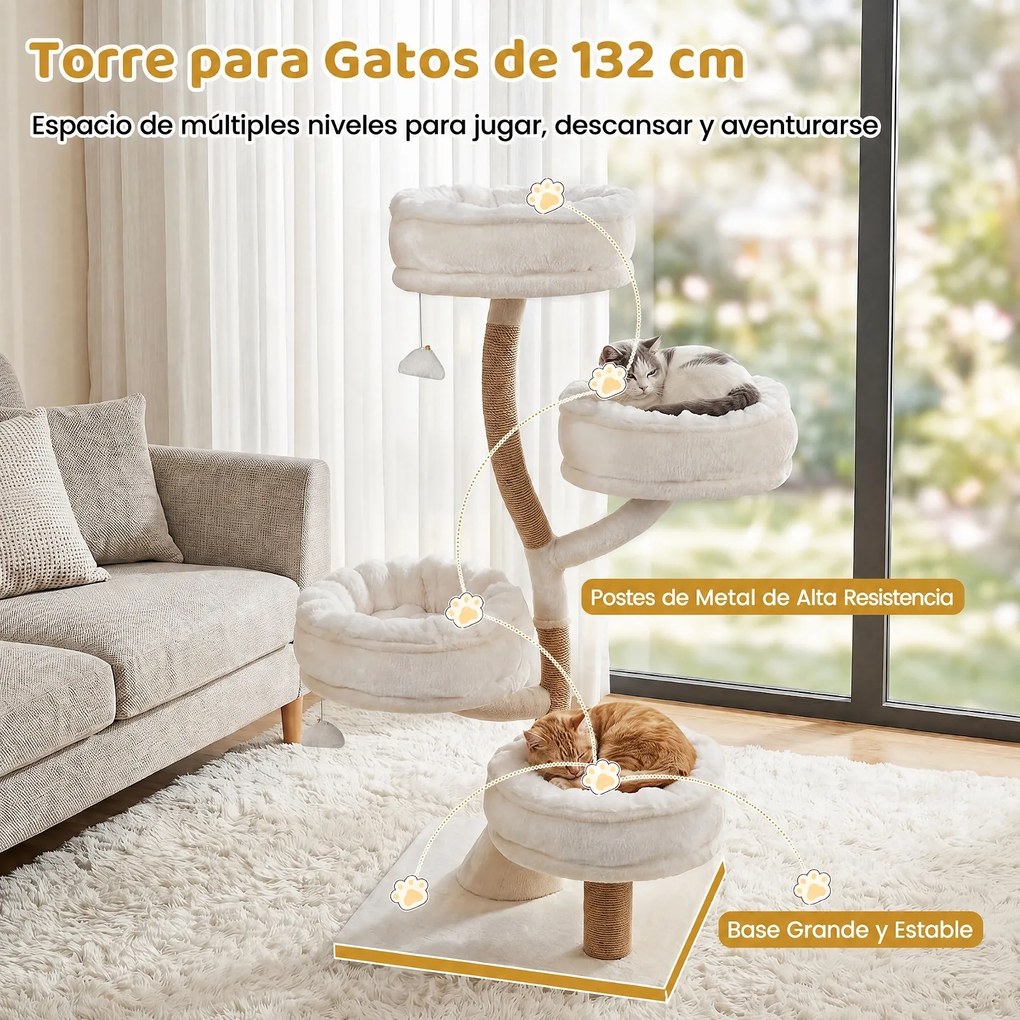 Árvore para Gatos, 58,5 x 58,5 x 132 cm, 4 Plataformas Removíveis, Branco