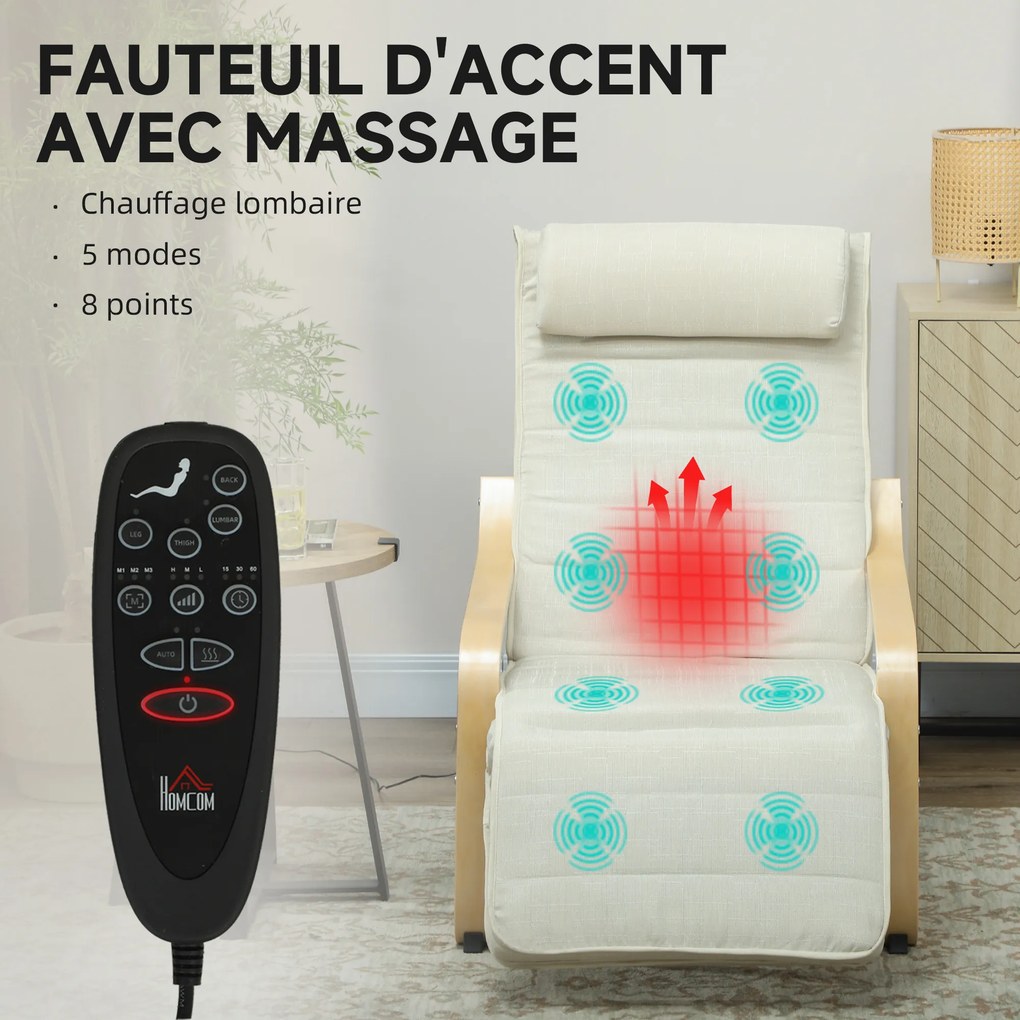 Poltrona de sala de estar, poltrona relaxante com massagem e aquecimento, encosto alto, apoio para a cabeça e apoio para os pés, 67 x 95 x 101 cm, cre