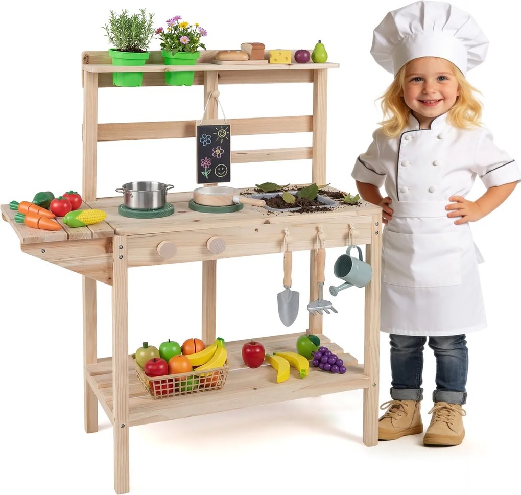 Cozinha brincar de madeira 75 x 30 x 88,5 cm com fogões, puxadores giratórios, quadro de giz, vasos, estantes e espaço de arrumação 3+ Anos Natural
